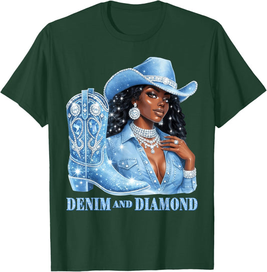Denim and Diamonds Western Cowgirl Country Rodeo T-Shirt - T-Shirt | Forest