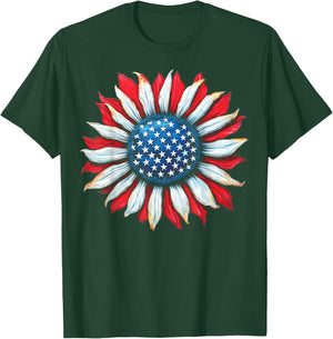 Sunflower American Flag 4th of July Women Men Merica USA T-Shirt - T-Shirt | Forest