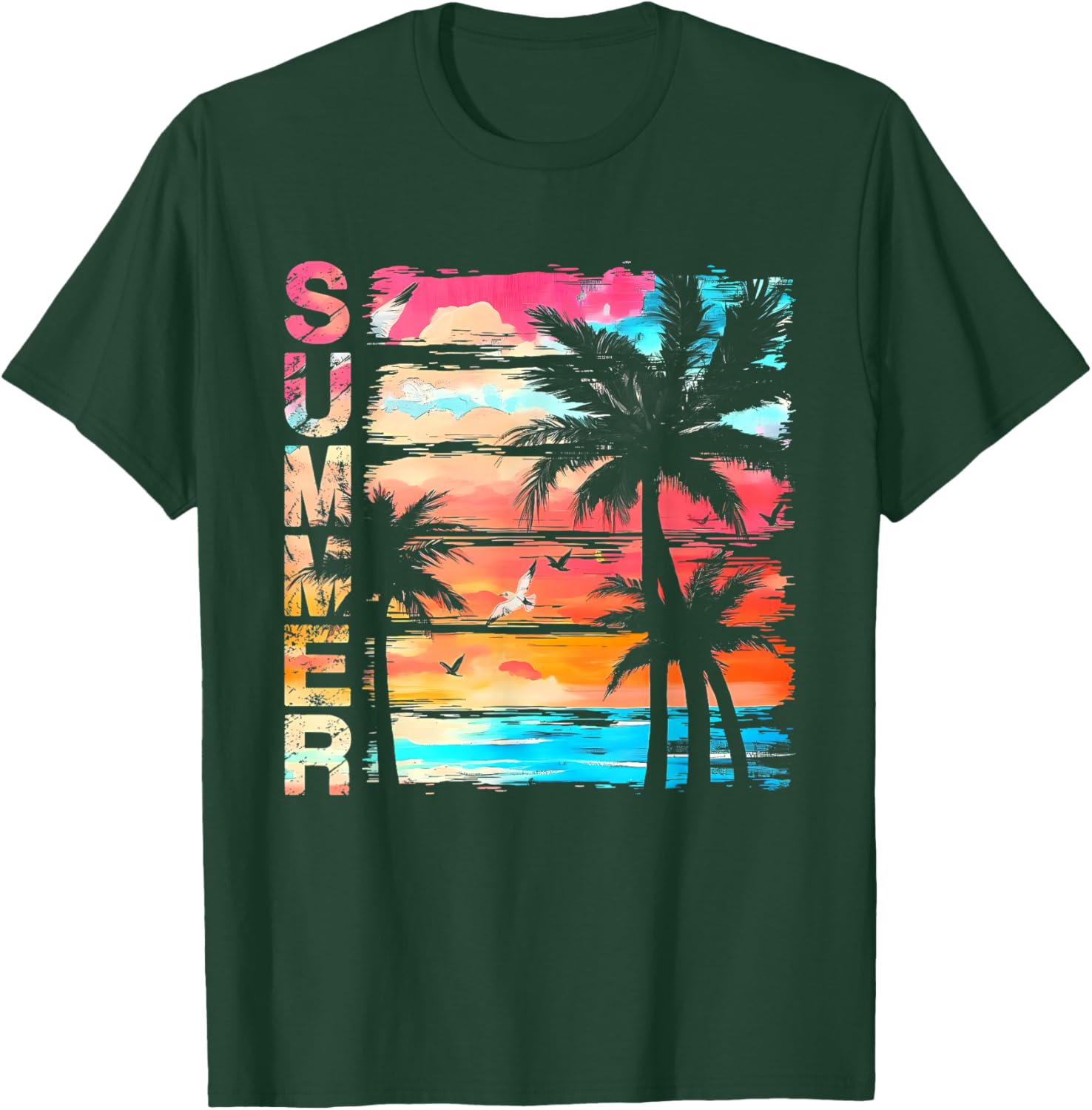 Palm Tree Retro Sunset Summer Beach Vintage Tropical Graphic T-Shirt - T-Shirt | Forest