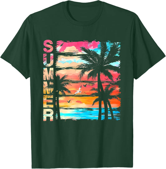 Palm Tree Retro Sunset Summer Beach Vintage Tropical Graphic T-Shirt - T-Shirt | Forest