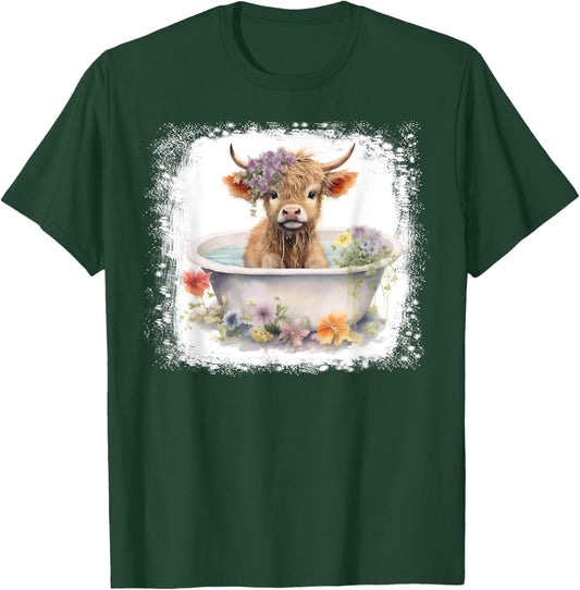Baby Highland Cow In Bathtub Floral Flowers Women Girls T-Shirt - T-Shirt | Forest