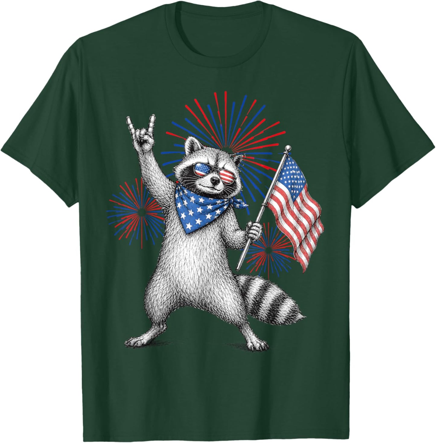 USA Flag Patriotic Raccoon Funny 4th of July Men Women Kids T-Shirt - T-Shirt | Forest