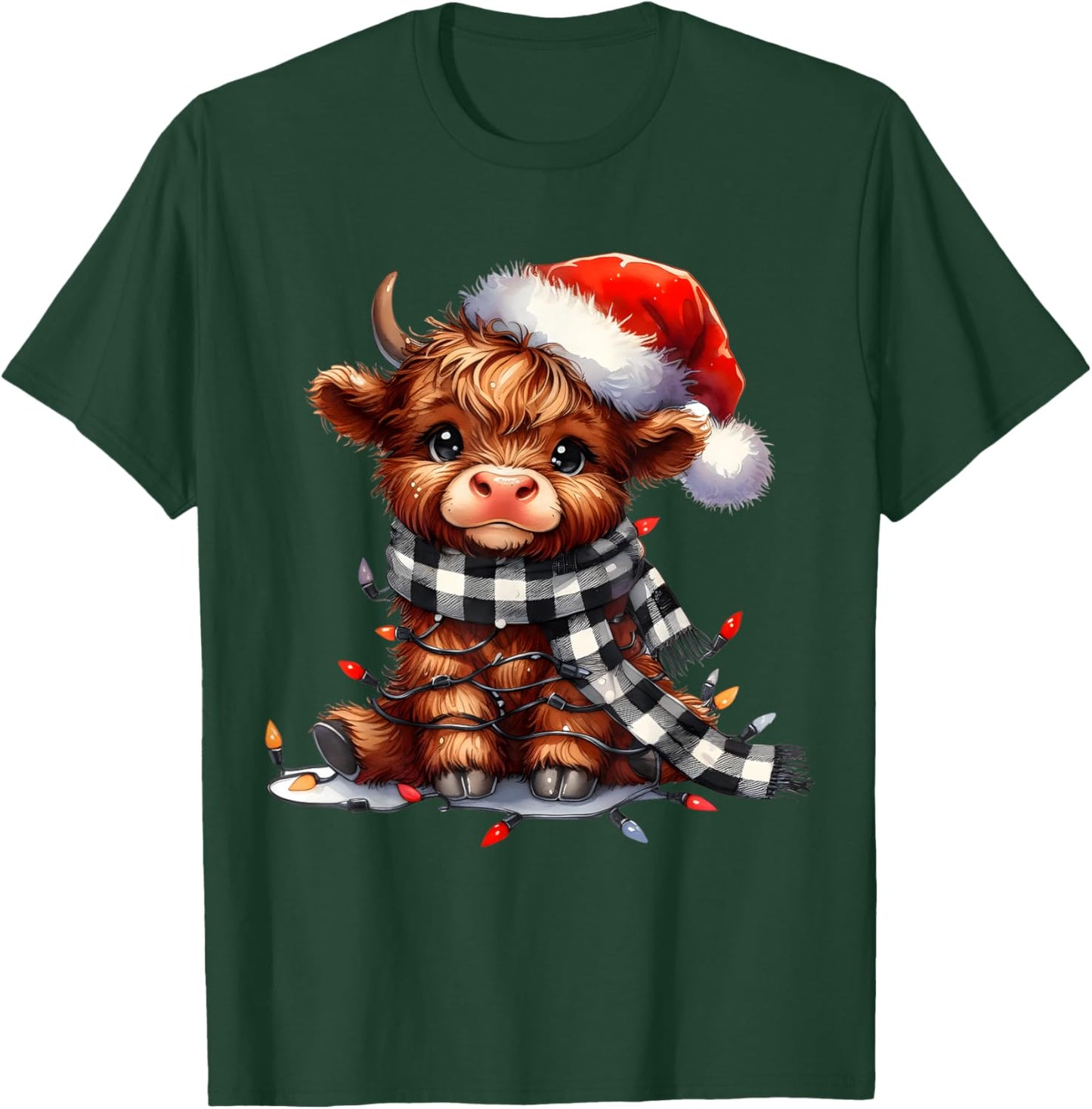 Funny Xmas Merry Moo Cows Cute Highland Cow Christmas Lights T-Shirt - T-Shirt | Forest