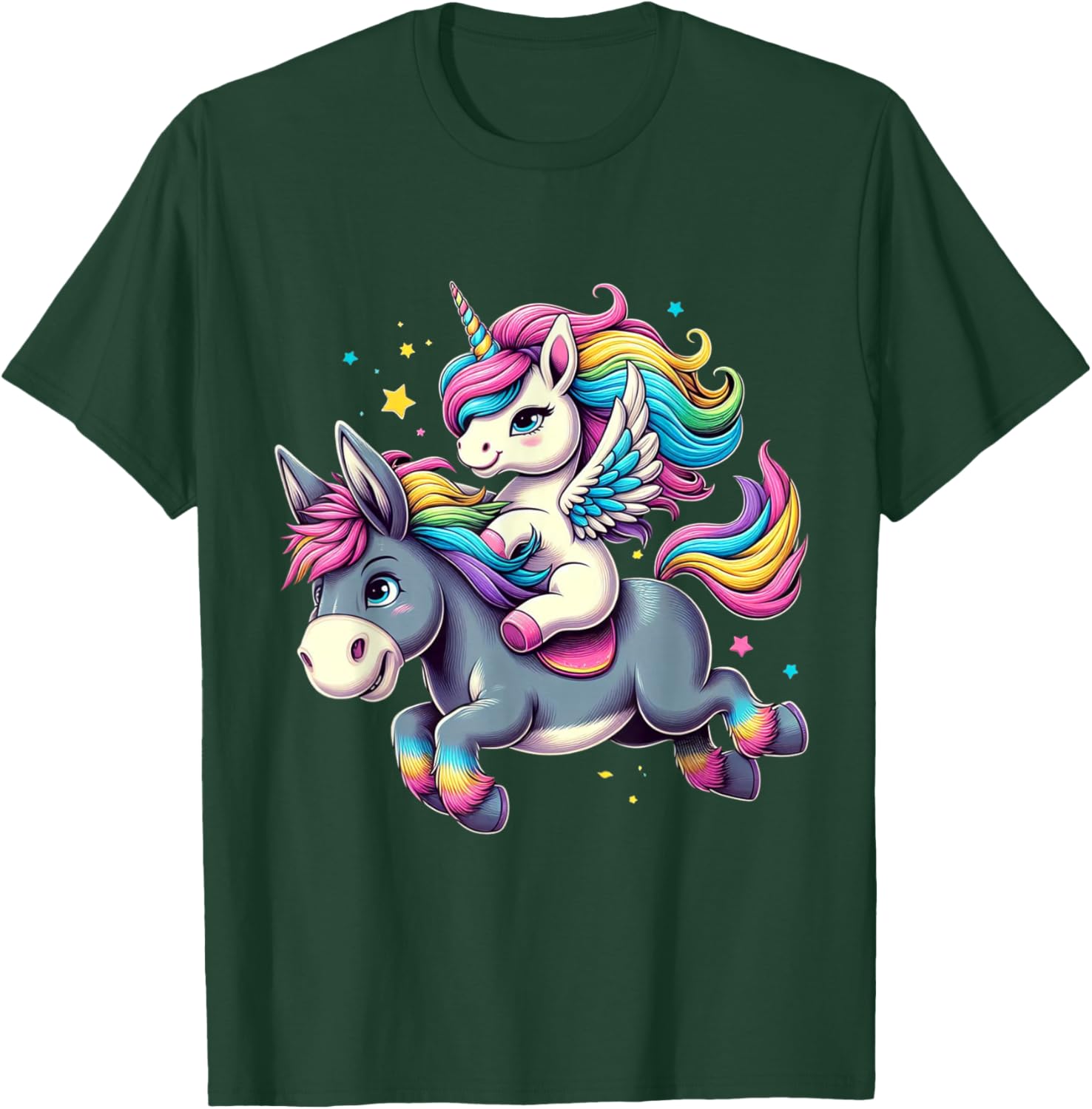 Unicorn Riding Donkey Boys Girls Men Women Kids Rainbow T-Shirt - T-Shirt | Forest