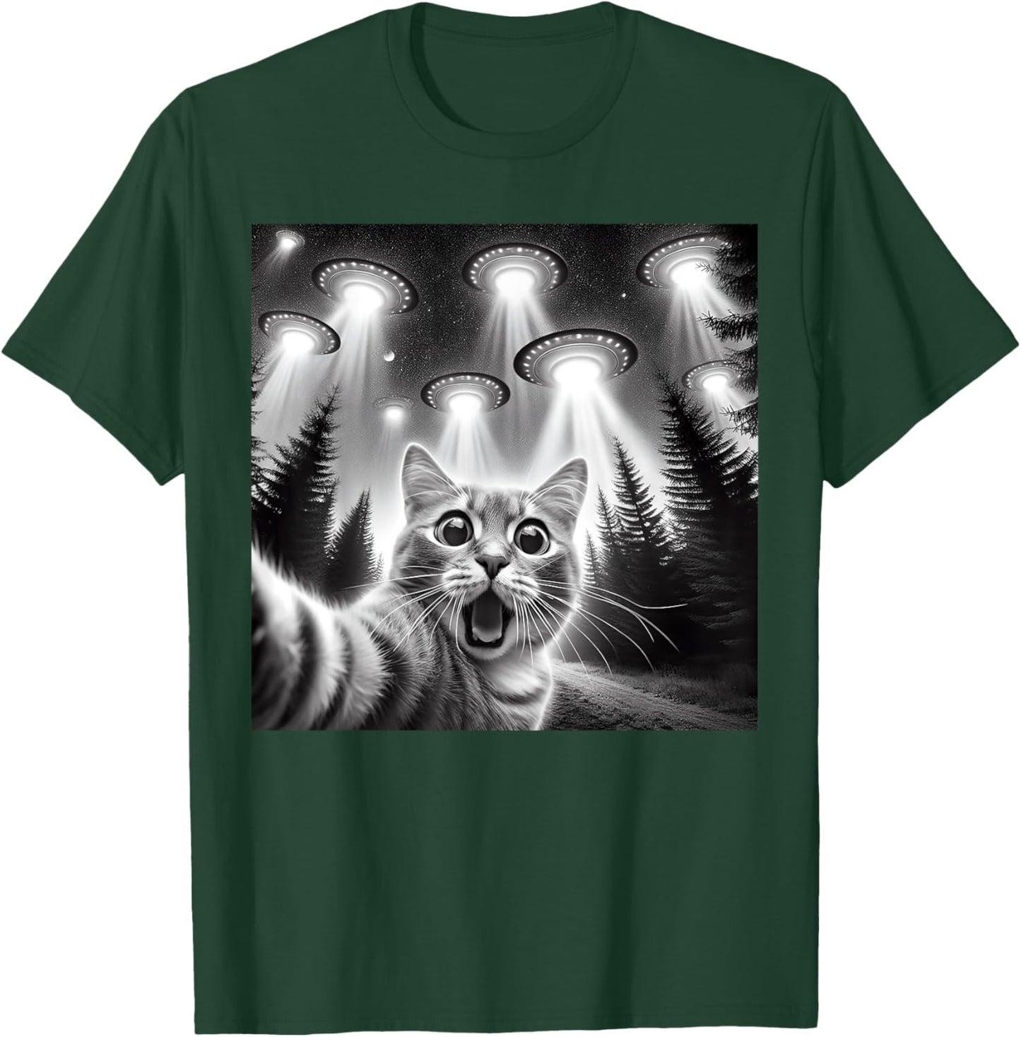 Cat Selfie With Alien UFO Funny Cat Gifts Women Kids T-Shirt - T-Shirt | Forest