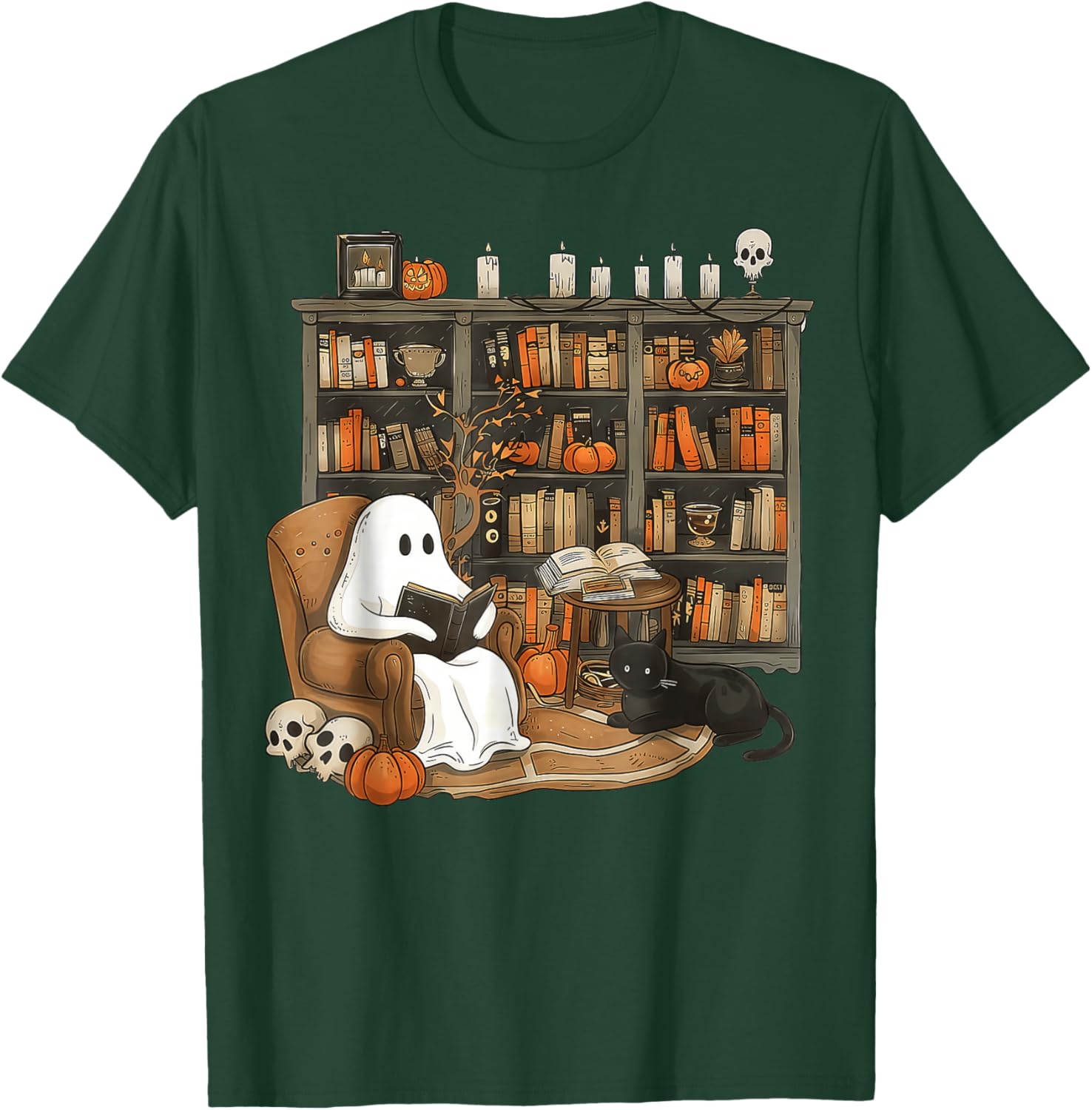 Retro Ghost Reading Books cat, Librarian Ghost Halloween T-Shirt - T-Shirt | Forest