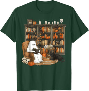 Retro Ghost Reading Books cat, Librarian Ghost Halloween T-Shirt - T-Shirt | Forest