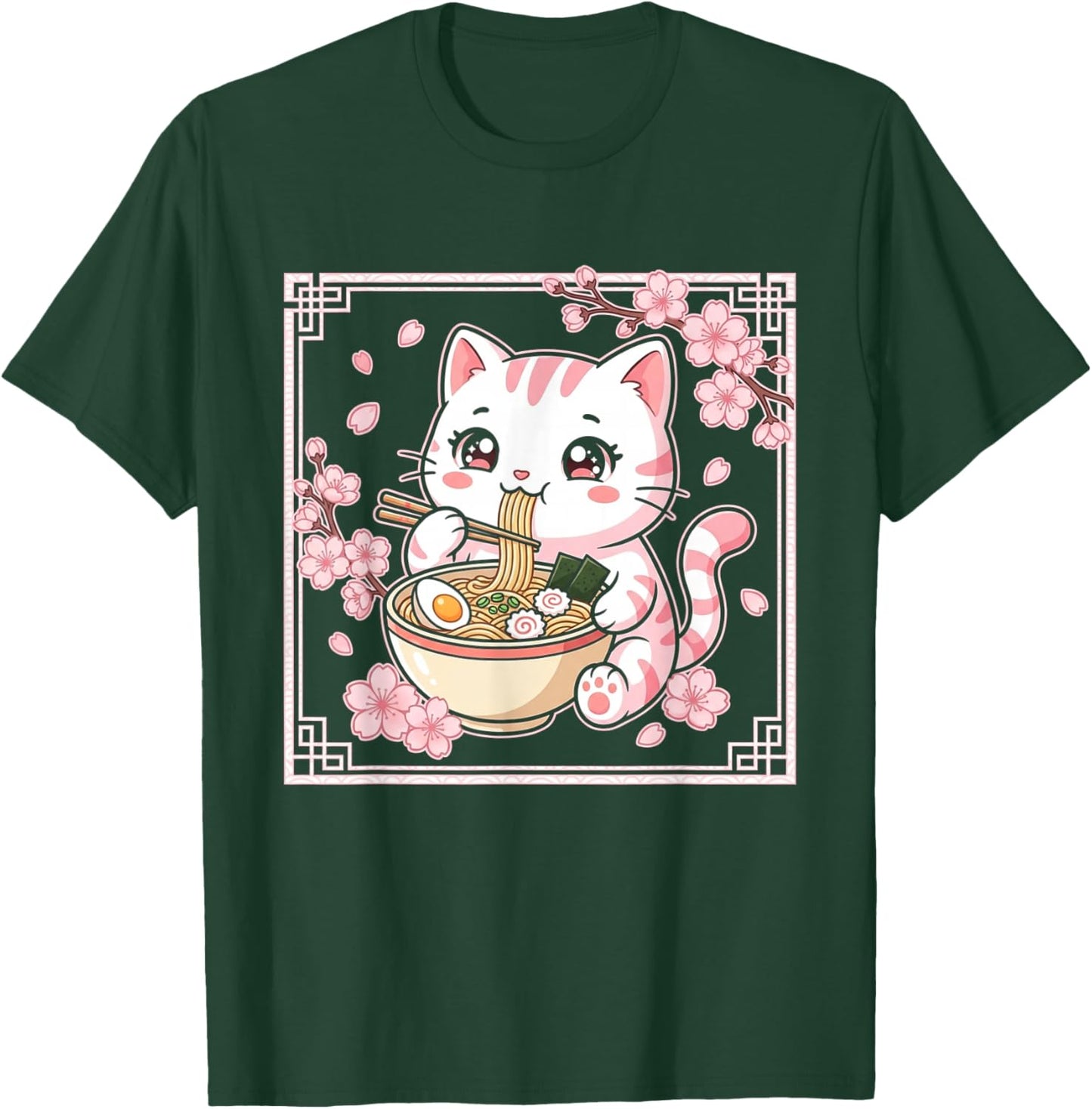 Kawaii Cat Ramen Anime Japanese Cherry Blossom Women Girls T-Shirt - T-Shirt | Forest