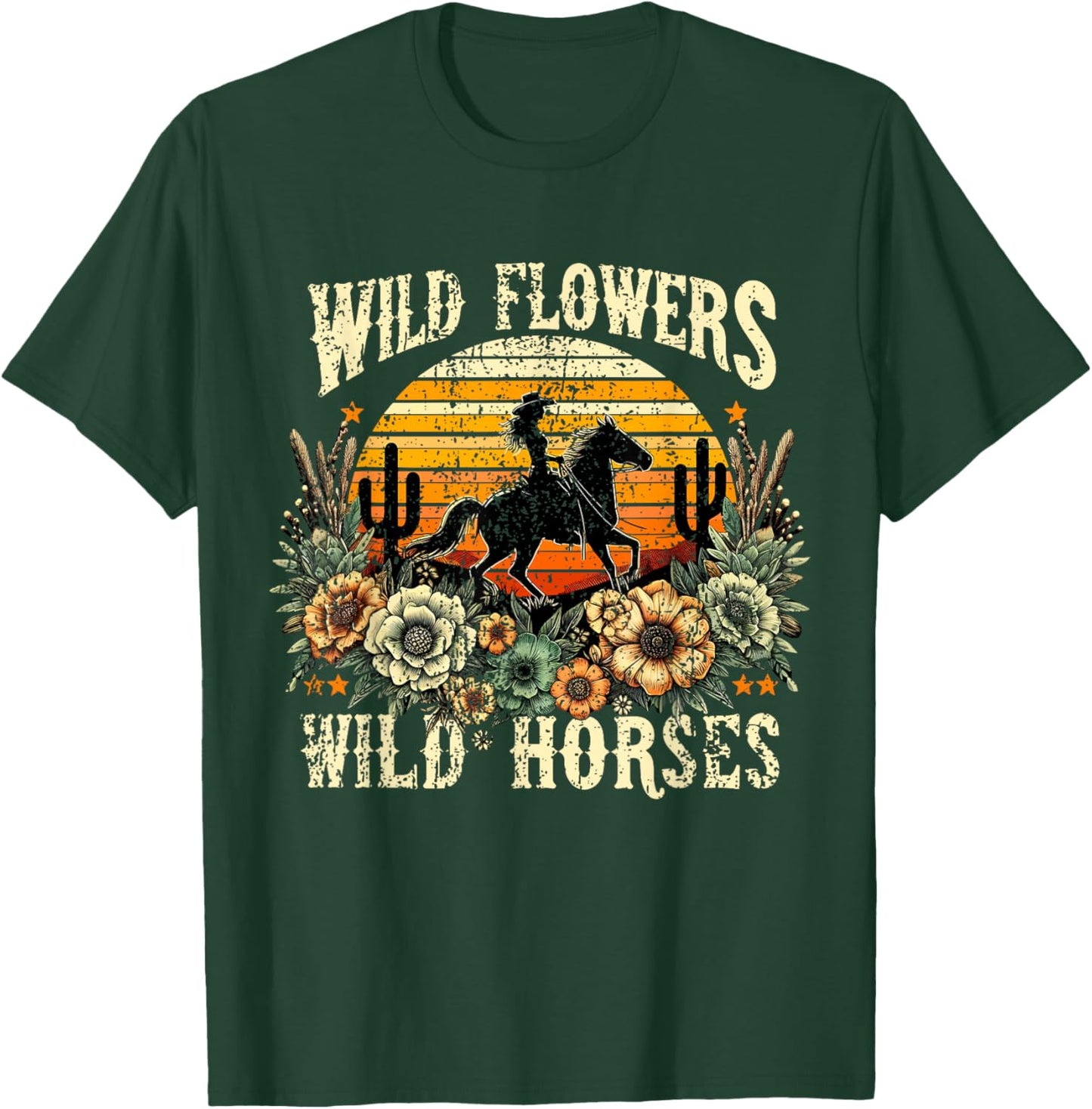 Retro Cowgirl Wild Flowers - Wild Horses Vintage Style T-Shirt - T-Shirt | Forest