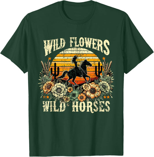 Retro Cowgirl Wild Flowers - Wild Horses Vintage Style T-Shirt - T-Shirt | Forest