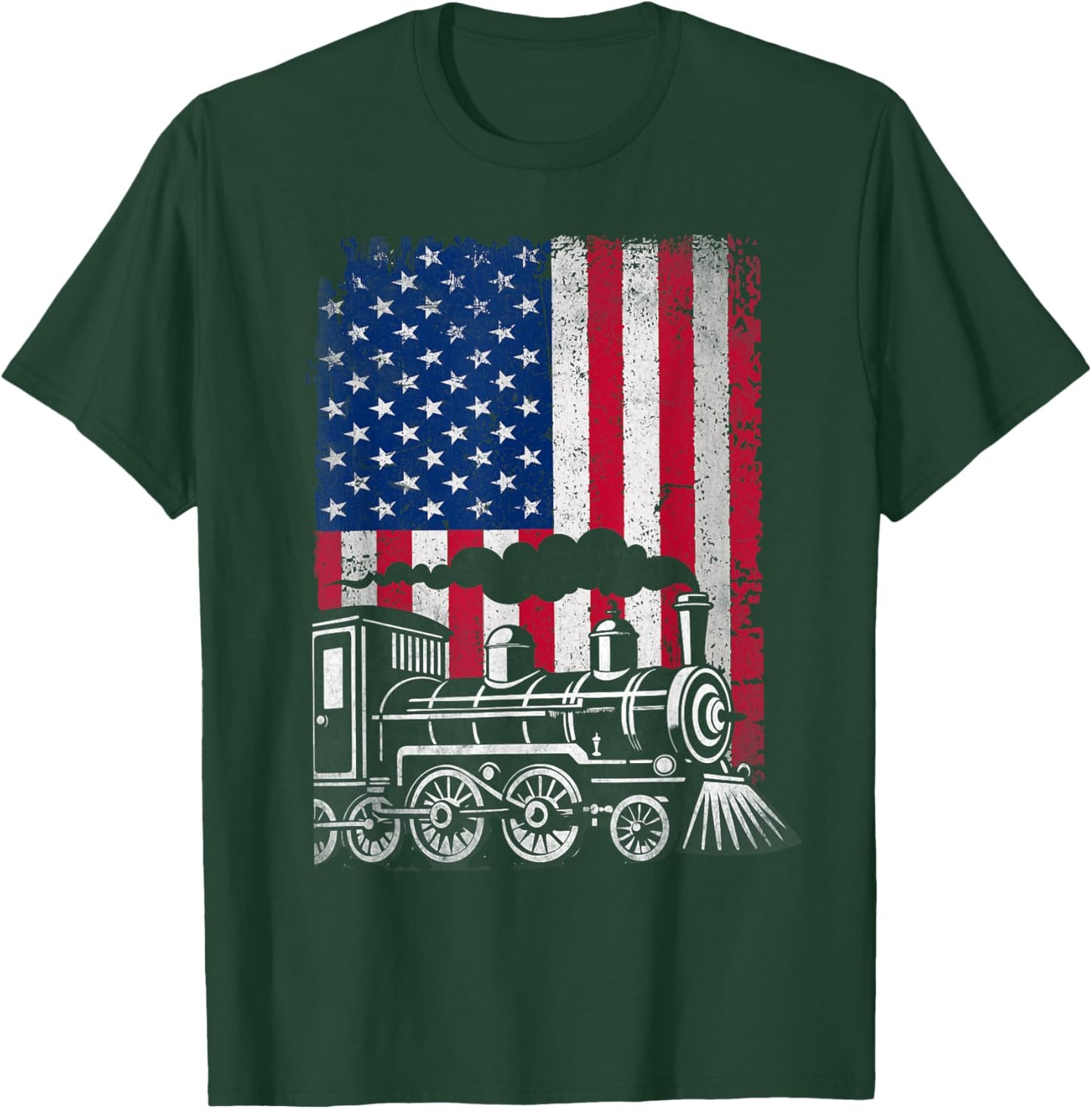 Patriotic Train Locomotive American Flag Railroad Conductor T-Shirt - T-Shirt | Forest