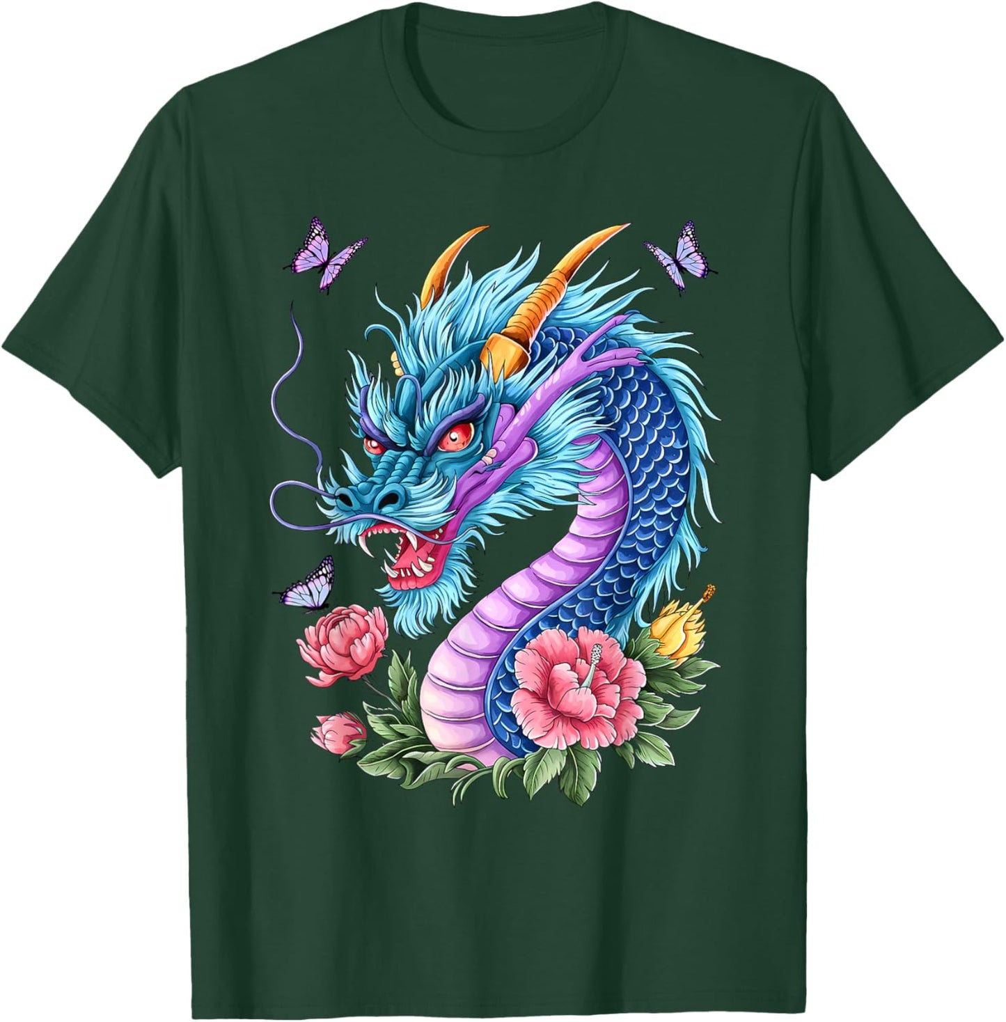 Watercolor Dragon Flowers Beautiful Art Colorful Graphic T-Shirt - T-Shirt | Forest