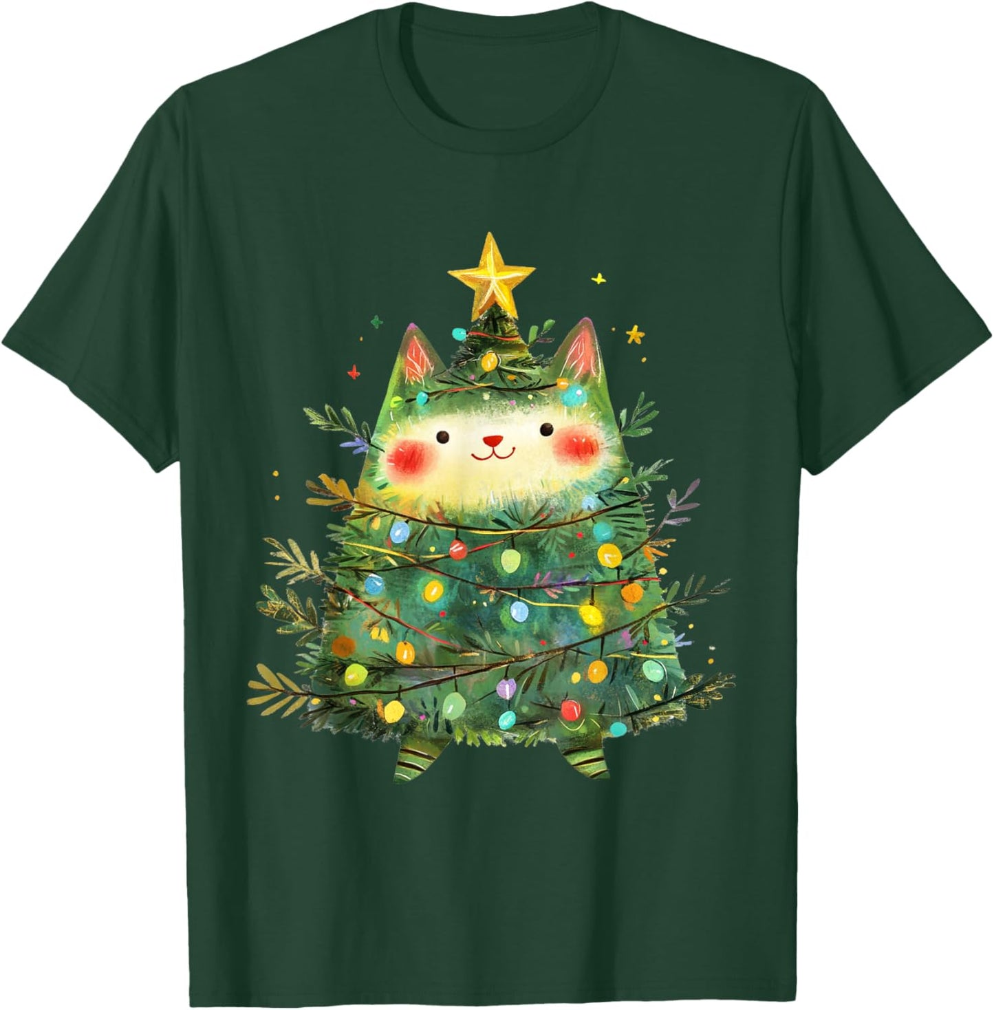 Cat Christmas Tree Pajamas Girls Boys Xmas Lights T-Shirt - T-Shirt | Forest