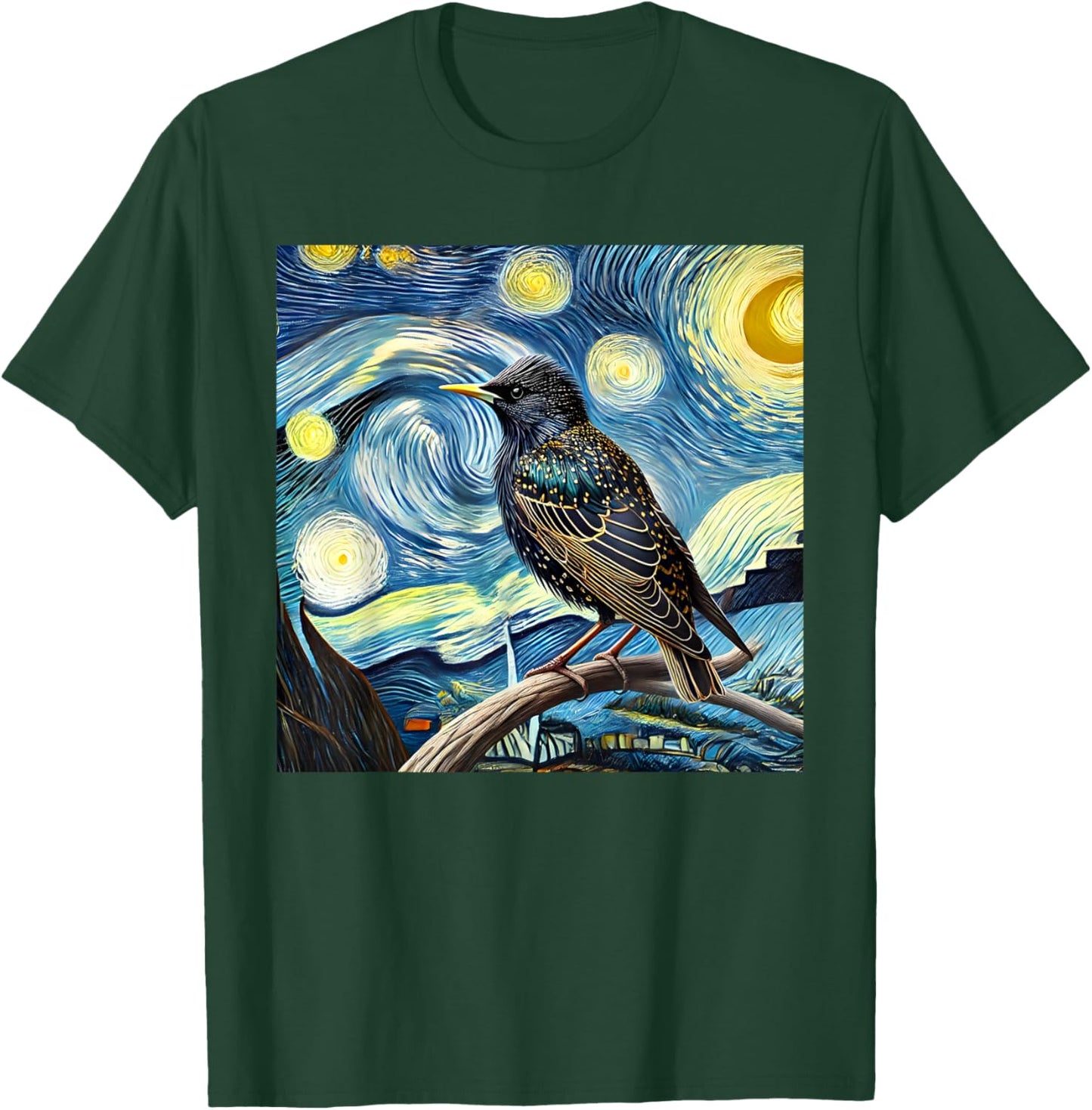 Common Starling Lover Bird Watching Birding Starry Night Art T-Shirt - T-Shirt | Forest