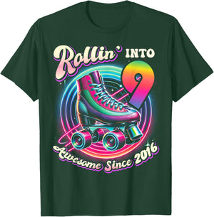 Birthday Roller Skating 9th Girls Rollin into 9 Skate Party T-Shirt - T-Shirt | Forest