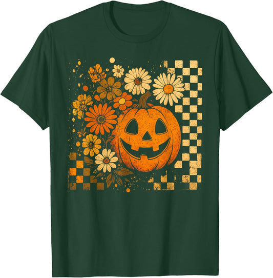 Retro Pumpkin Sunflower Daisy Thanksgiving Halloween Fall T-Shirt - T-Shirt | Forest