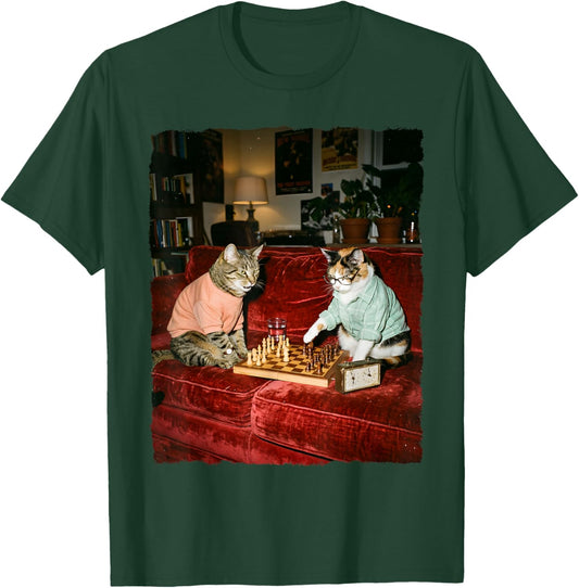 Funny Cats Playing Chess Player Checkmate Board Game Lover T-Shirt - T-Shirt | Forest