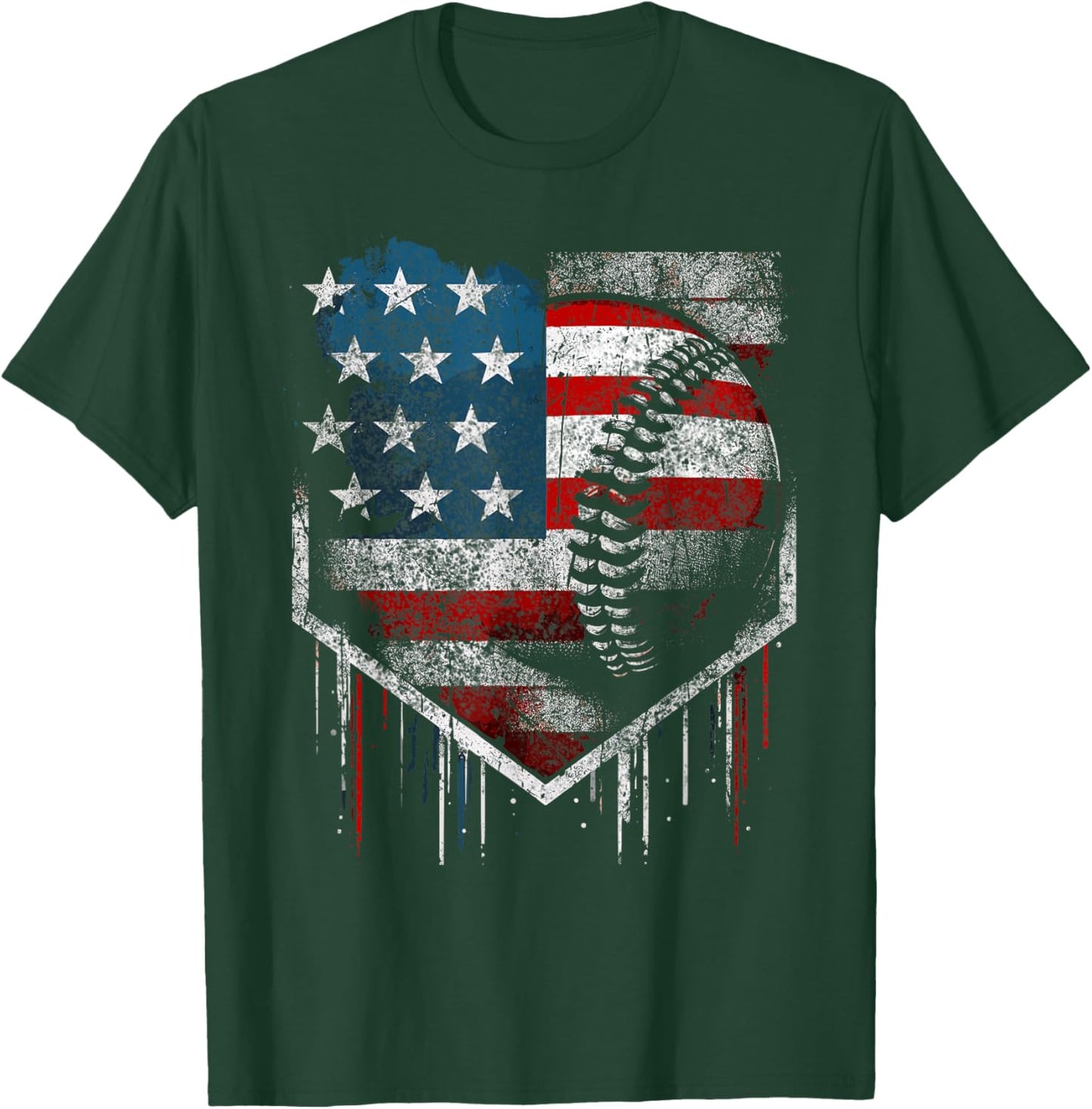 Baseball Dripping Retro American Flag T-Shirt - T-Shirt | Forest