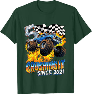 Kids Birthday Monster Truck Boys 5 Crushing It Since 2021 T-Shirt - T-Shirt | Forest