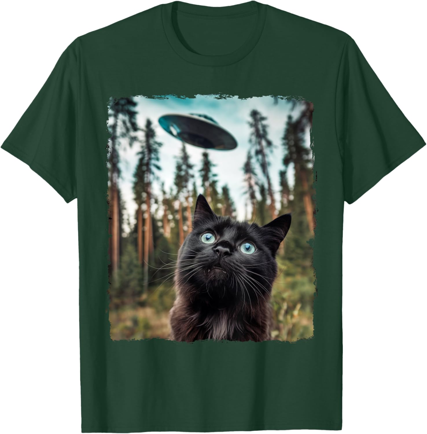 Black Cat Selfie With Alien UFO Cat Gifts Women Kid T-Shirt - T-Shirt | Forest