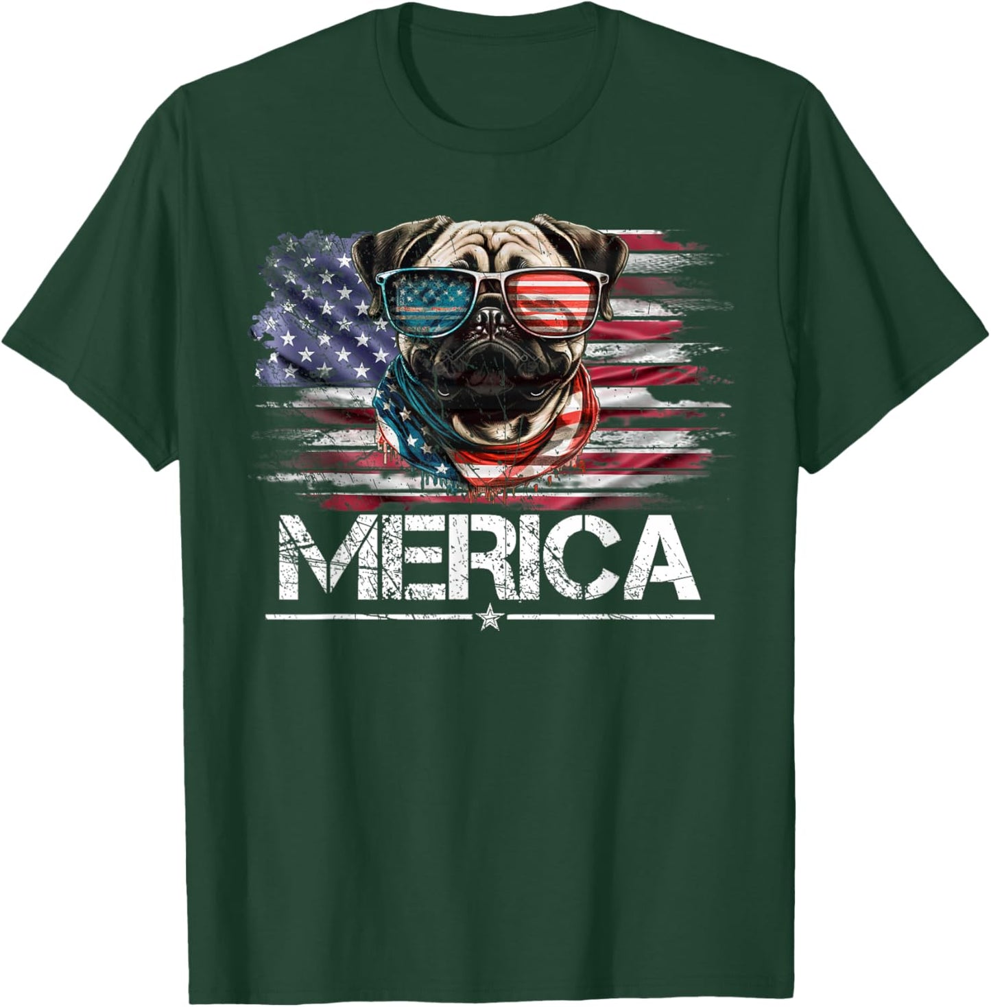 Vintage Pug Dog, Merica Pug Dog USA Flag Funny Women Kids Men T-Shirt - T-Shirt | Forest