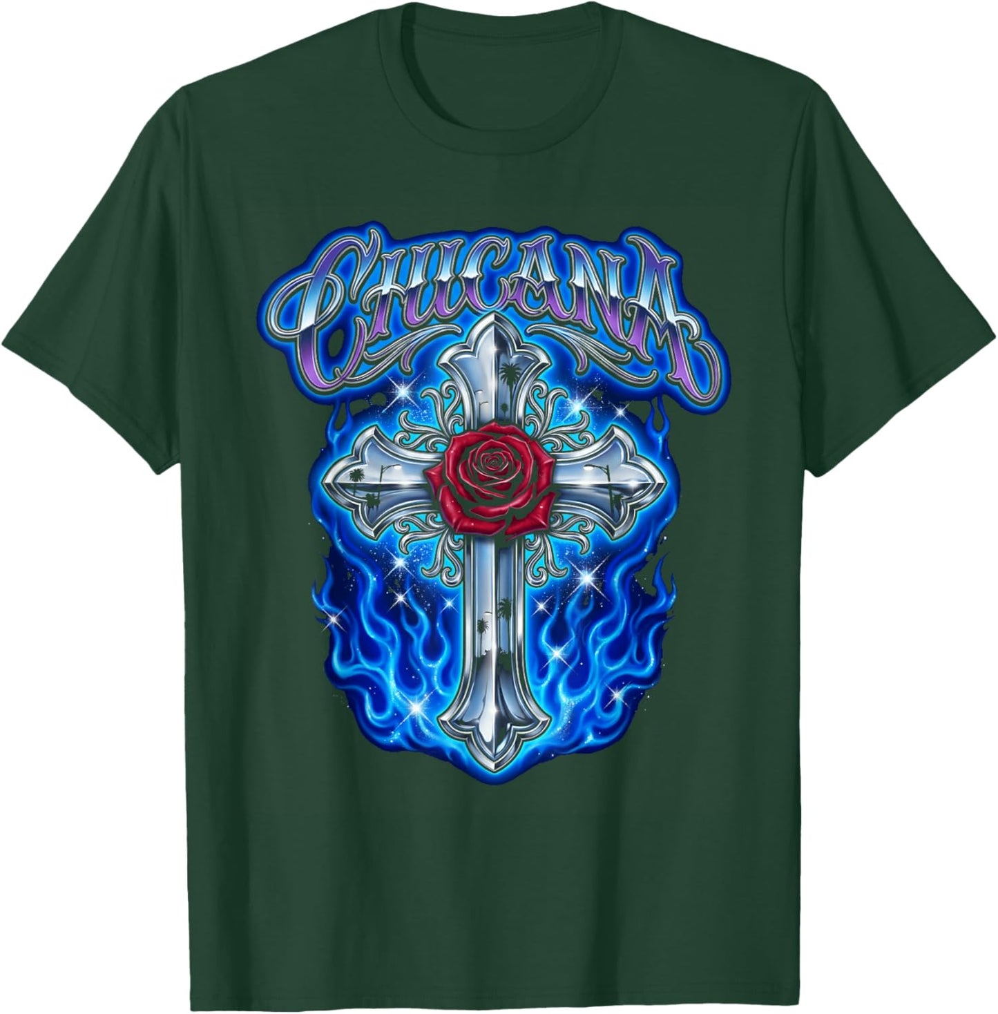 Chicana Lowrider Art Chrome Cross Rose Blue Flames T-Shirt - T-Shirt | Forest