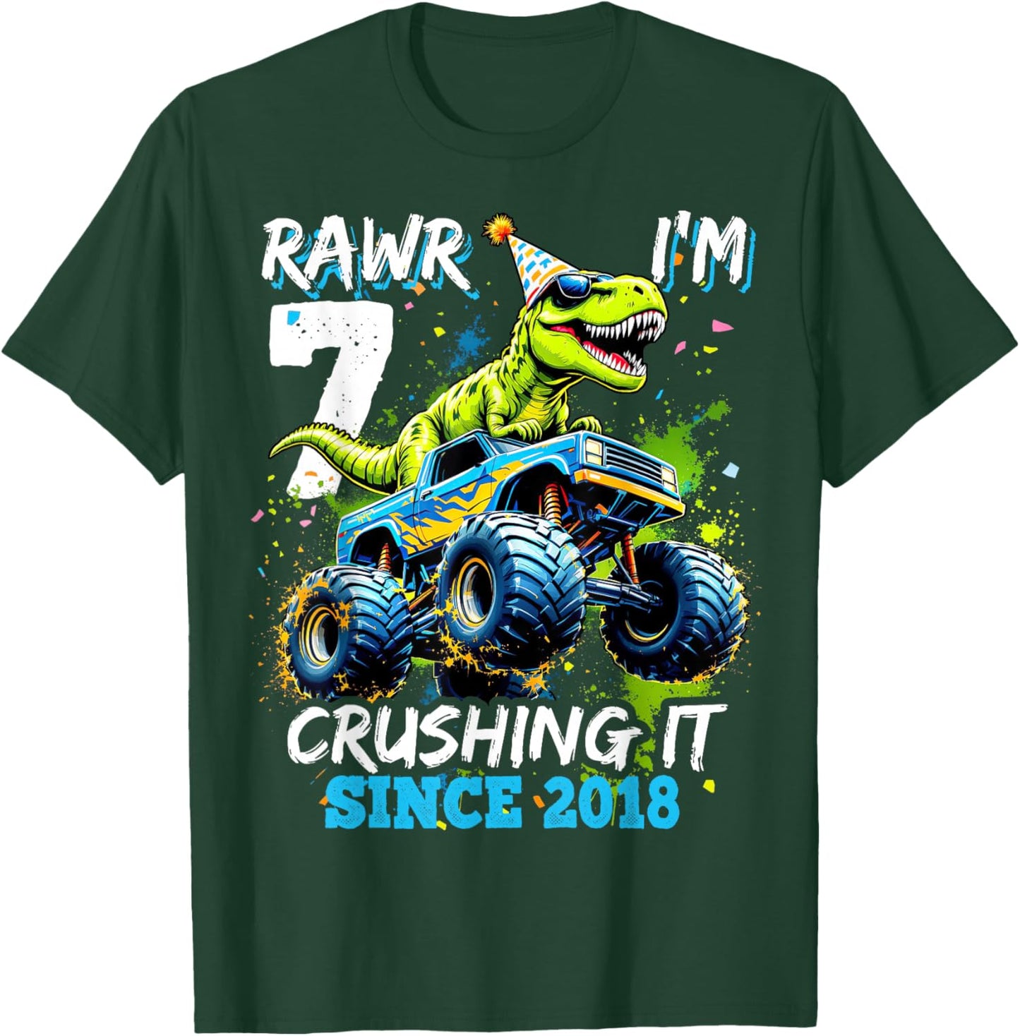 7th Birthday Monster Truck Dinosaur Party Boys Rawr I'm 7 T-Shirt - T-Shirt | Forest