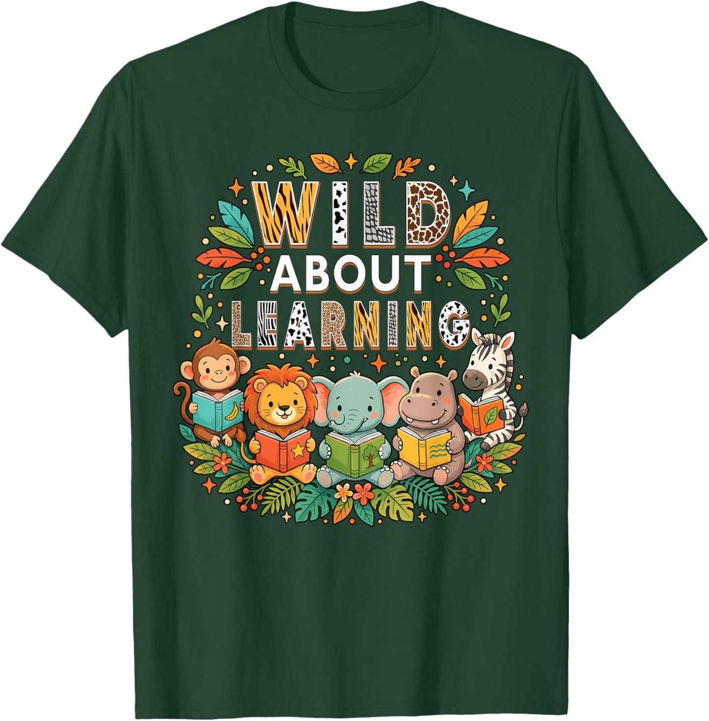 Wild About Learning Cute Safari Wild Animals Reading Teacher T-Shirt - T-Shirt | Forest