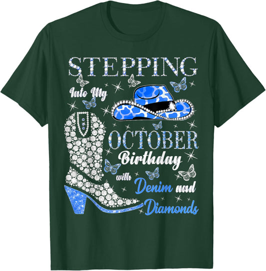 Women Stepping Into My October Birthday with God Grace Mercy T-Shirt - T-Shirt | Forest