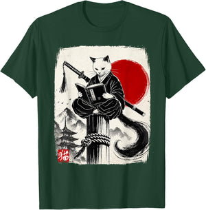 Ninja Cat Reading Book Lover Japanese Sumi-e Art T-Shirt - T-Shirt | Forest