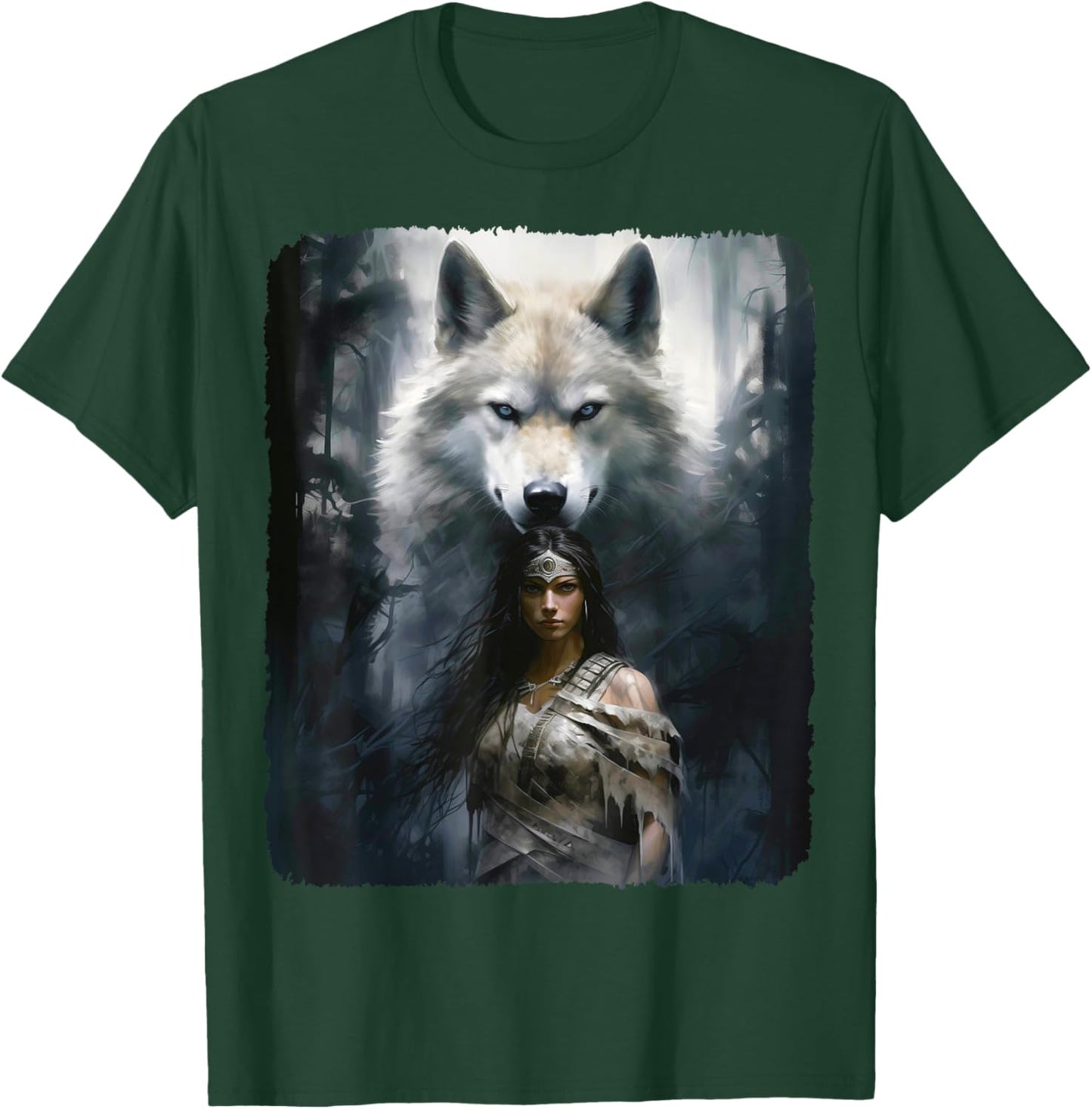 Warrior Woman with a White Wolf Fantasy T-Shirt - T-Shirt | Forest