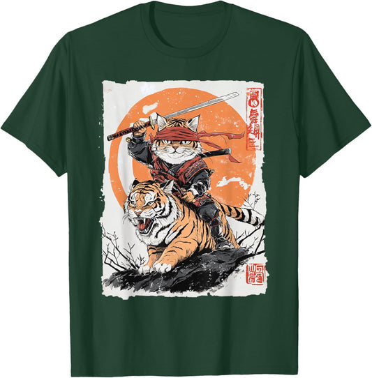 Ninja Cat Riding Tiger - Japanese Samurai Art Vintage Style Women Kids T-Shirt - T-Shirt | Forest