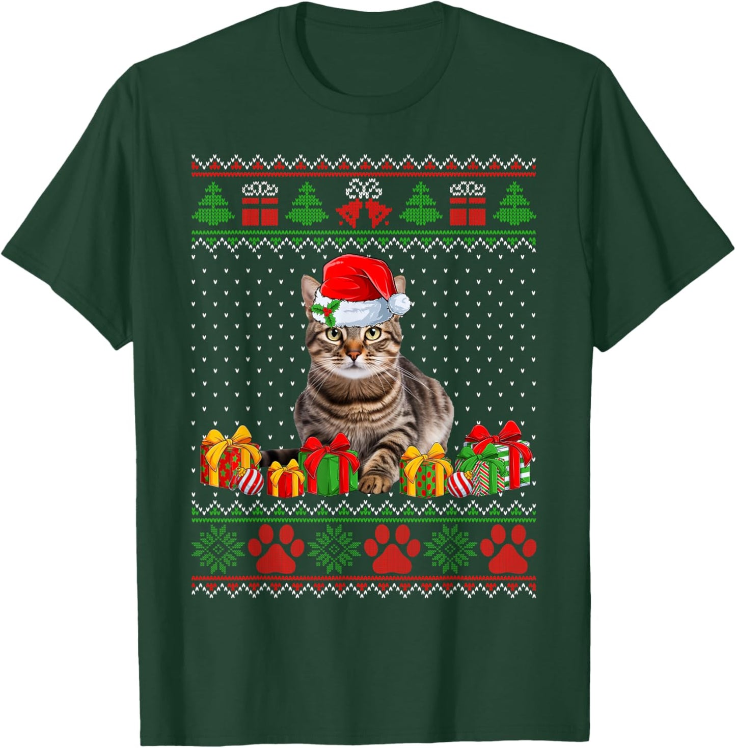 Funny Tabby Cat Santa Hat Ugly Christmas Sweater Xmas PJS Women Kids T-Shirt - T-Shirt | Forest