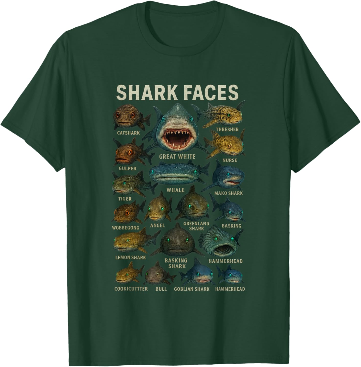 Shark Faces Type of Shark Shark Faces of All Kinds T-Shirt - T-Shirt | Forest