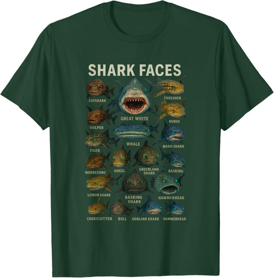 Shark Faces Type of Shark Shark Faces of All Kinds T-Shirt - T-Shirt | Forest