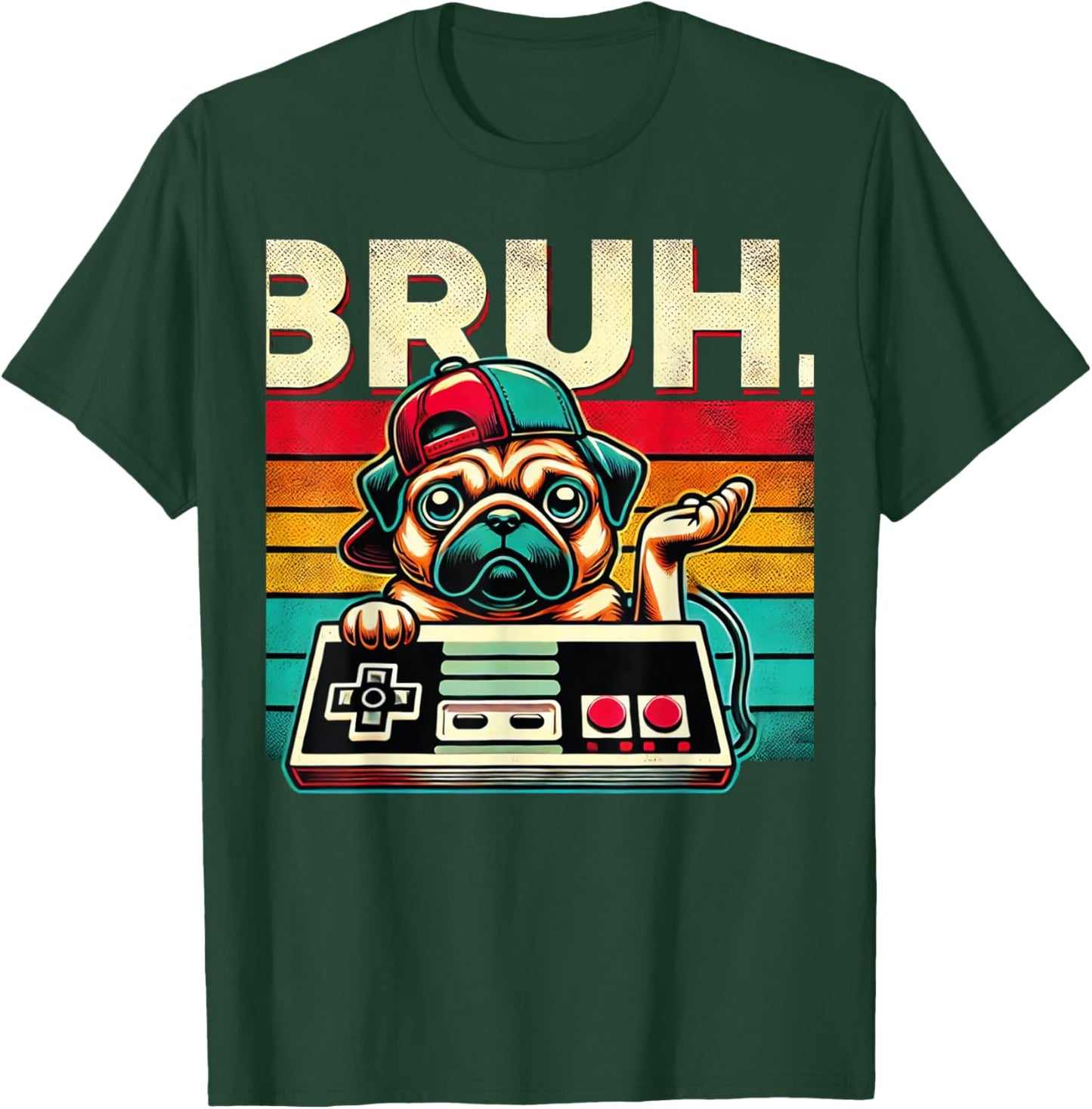 Bruh Retro Vintage 80s Gaming Pug BRUH Funny Gamer Bruh Dog Men Women Kids T-Shirt - T-Shirt | Forest