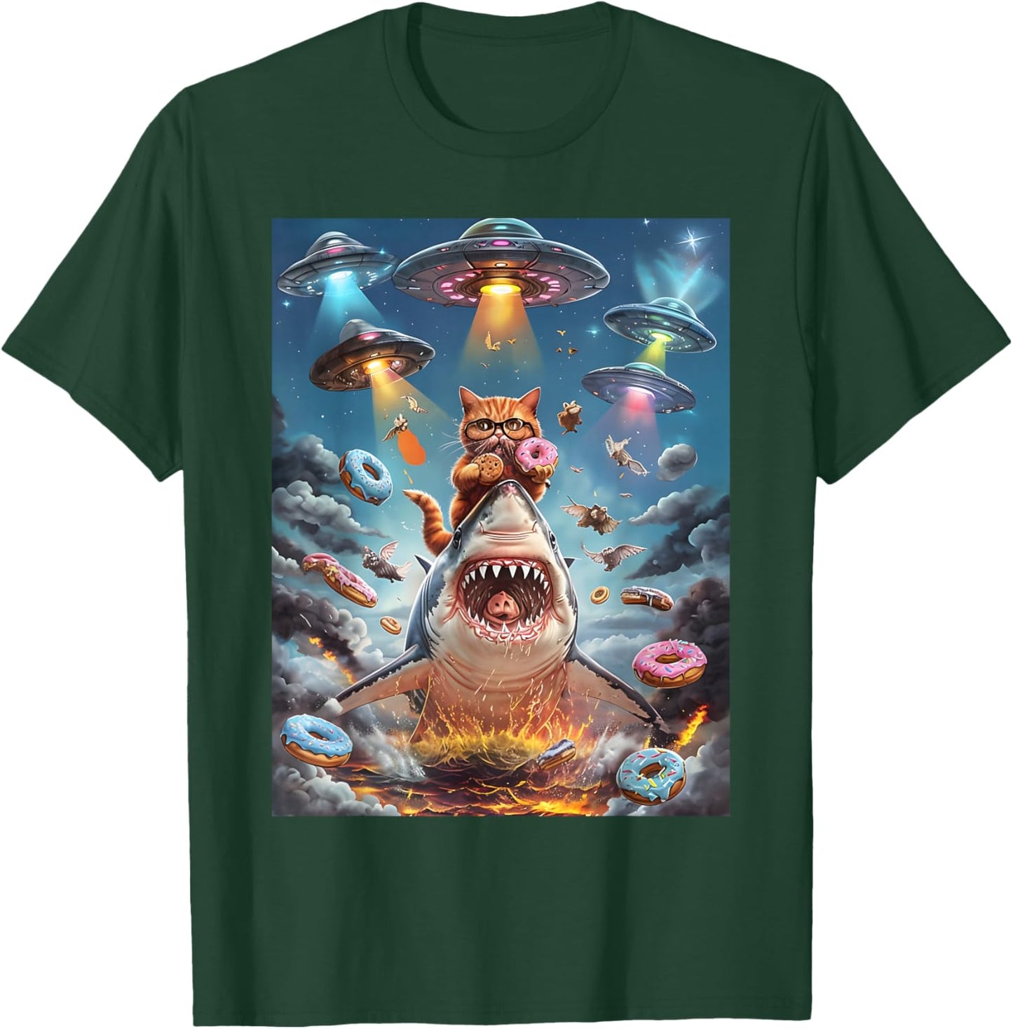 Funny Cat Riding Fire Breathing Shark Rainbow Birthday Kids T-Shirt - T-Shirt | Forest