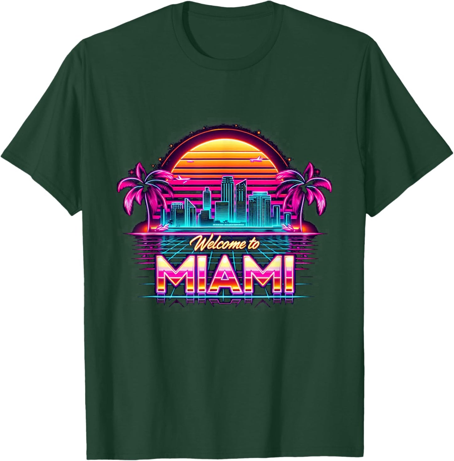 Miami Vibes Apparel Co. Skyline der Urlaubsstadt Miami Beach im Retro-Stil bei Sonnenuntergang in Schwarz, , Kurzarm, , Small T-Shirt - T-Shirt | Forest