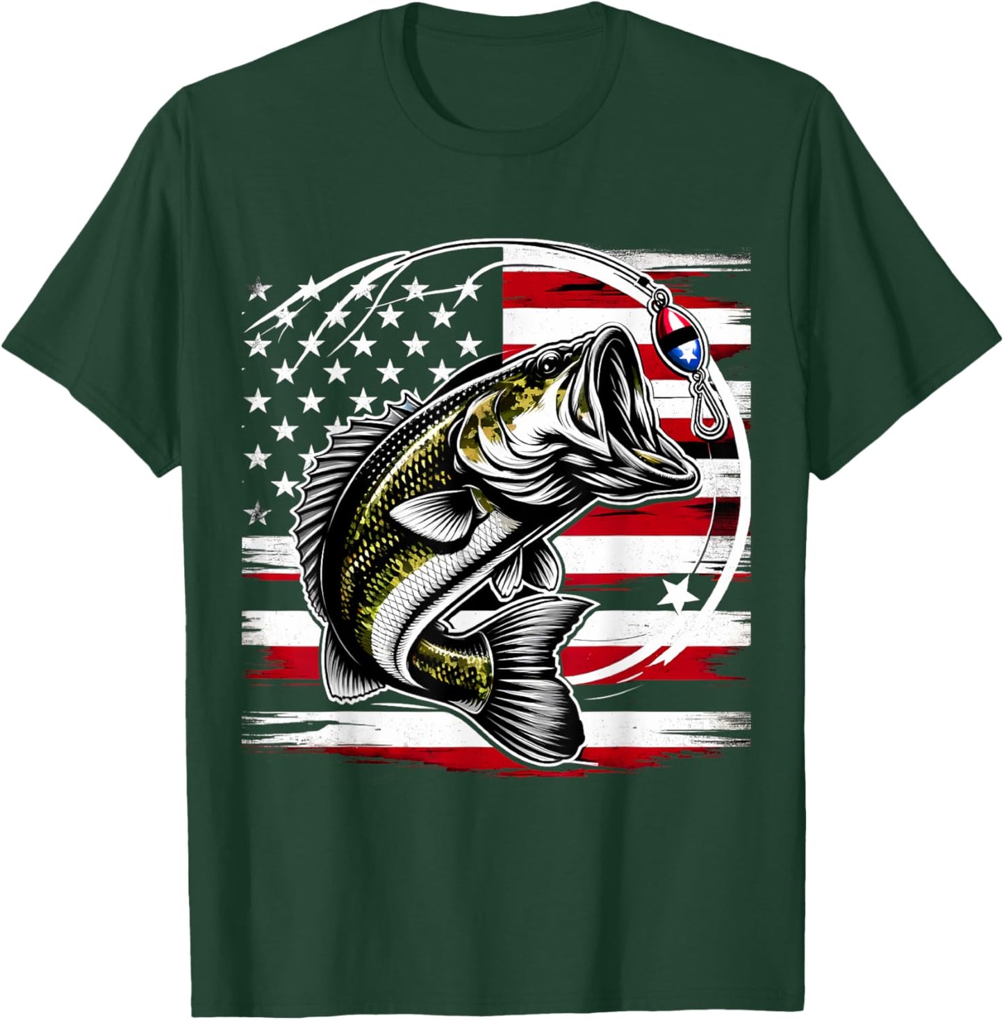 American Flag Fish Fisher Fisherman Funny Bass Fishing USA T-Shirt - T-Shirt | Forest