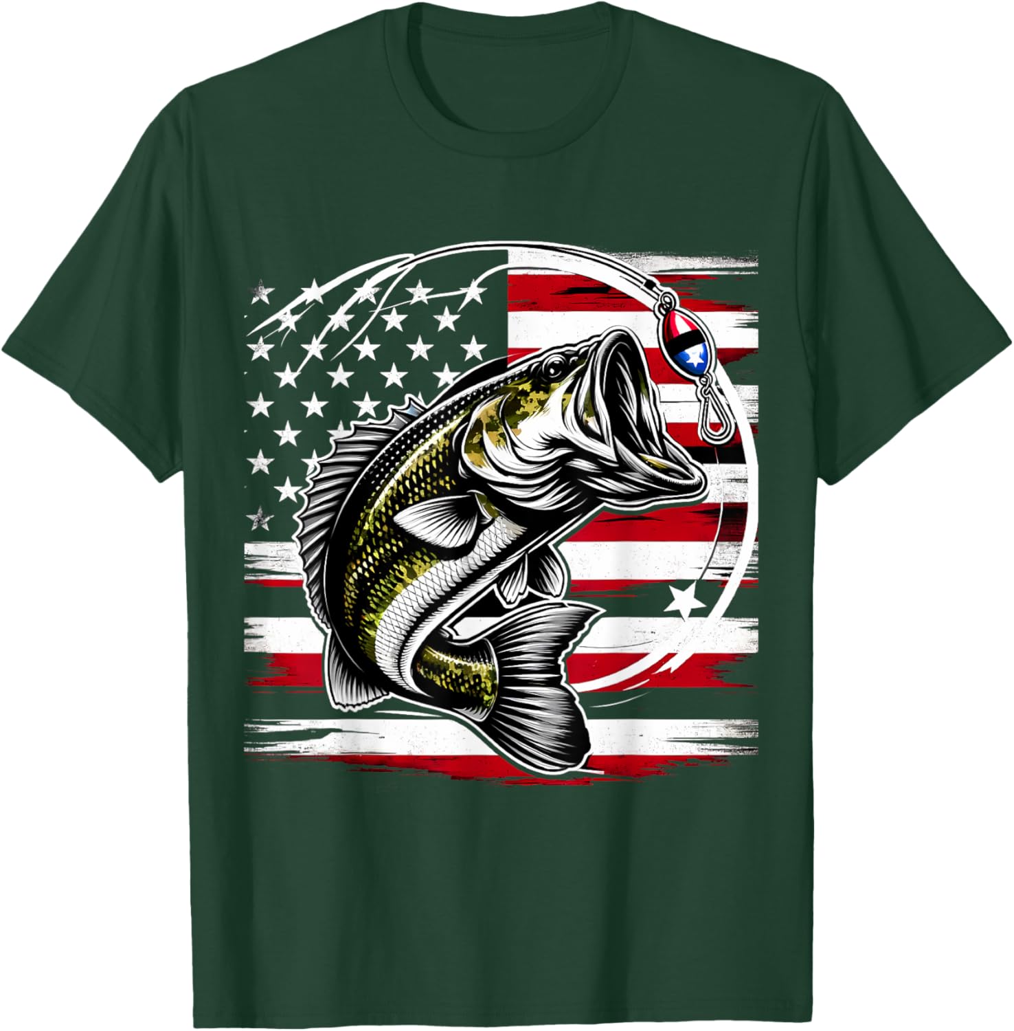 American Flag Fish Fisher Fisherman Funny Bass Fishing USA T-Shirt - T-Shirt | Forest