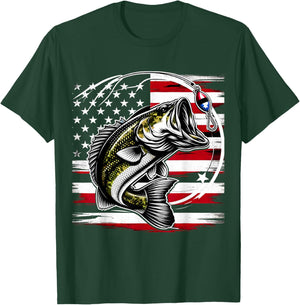 American Flag Fish Fisher Fisherman Funny Bass Fishing USA T-Shirt - T-Shirt | Forest