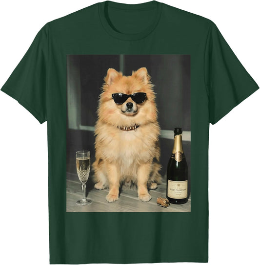 Pomeranian Drinking Champagne Funny Dog Meme Art Vintage T-Shirt - T-Shirt | Forest