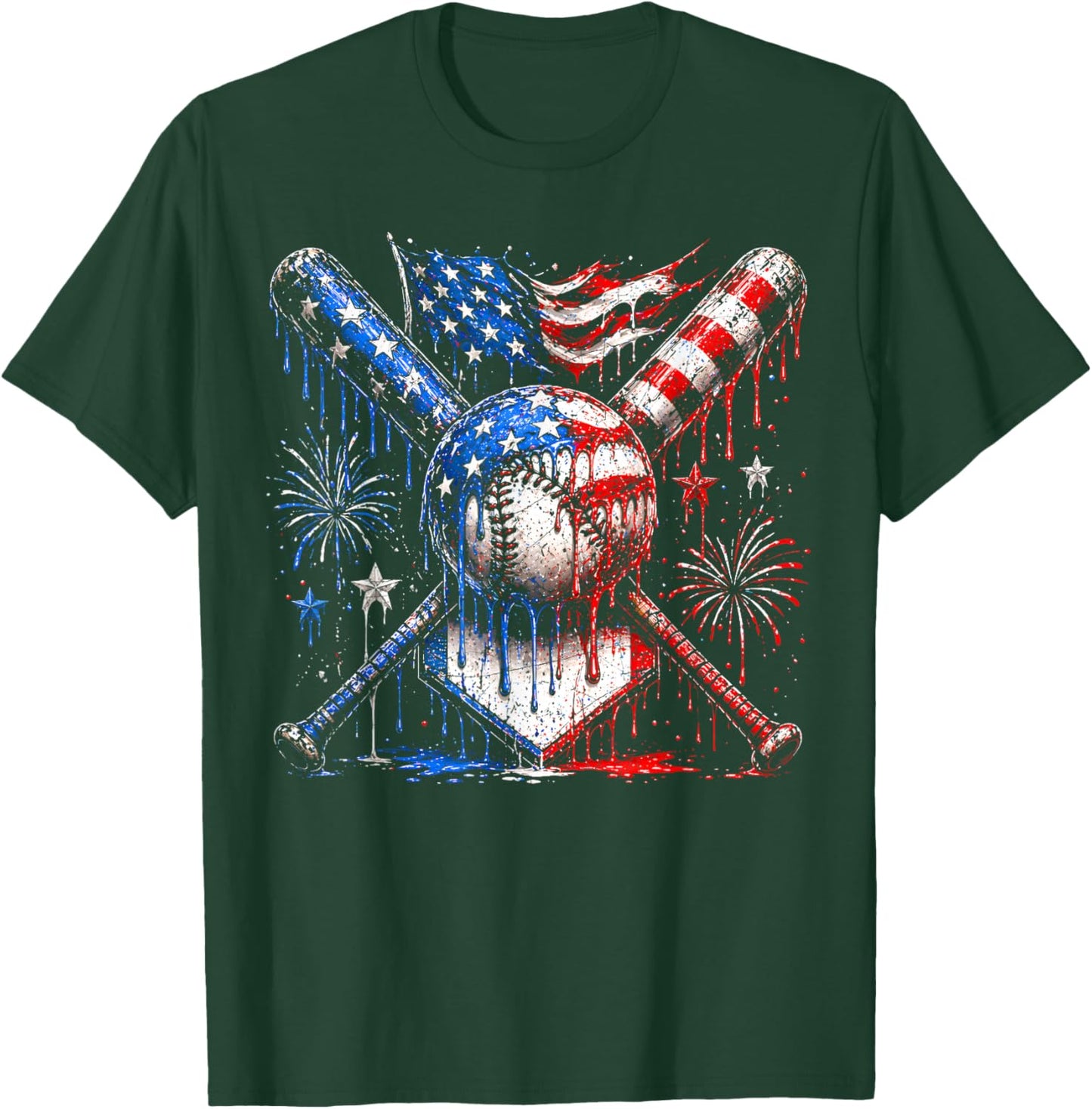 Baseball Drip American Flag Boys Kids 4th of July T-Shirt - T-Shirt | Forest