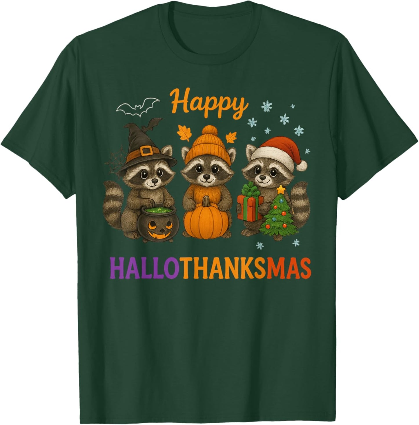 Happy Hallothanksmas Raccoon Halloween Christmas T-Shirt - T-Shirt | Forest