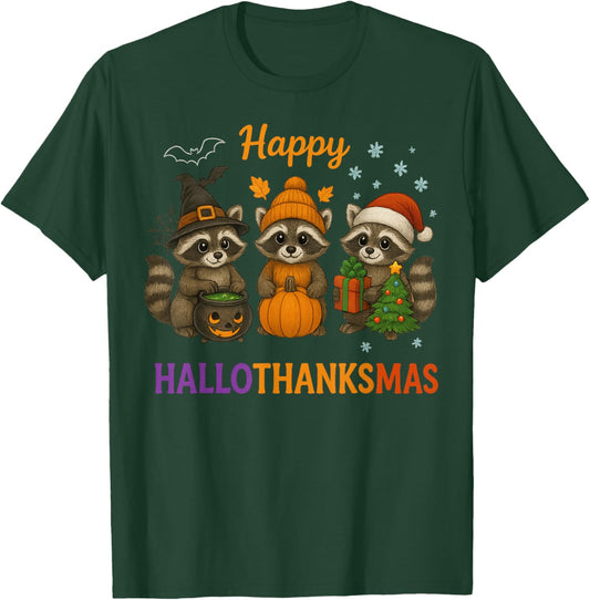 Happy Hallothanksmas Raccoon Halloween Christmas T-Shirt - T-Shirt | Forest