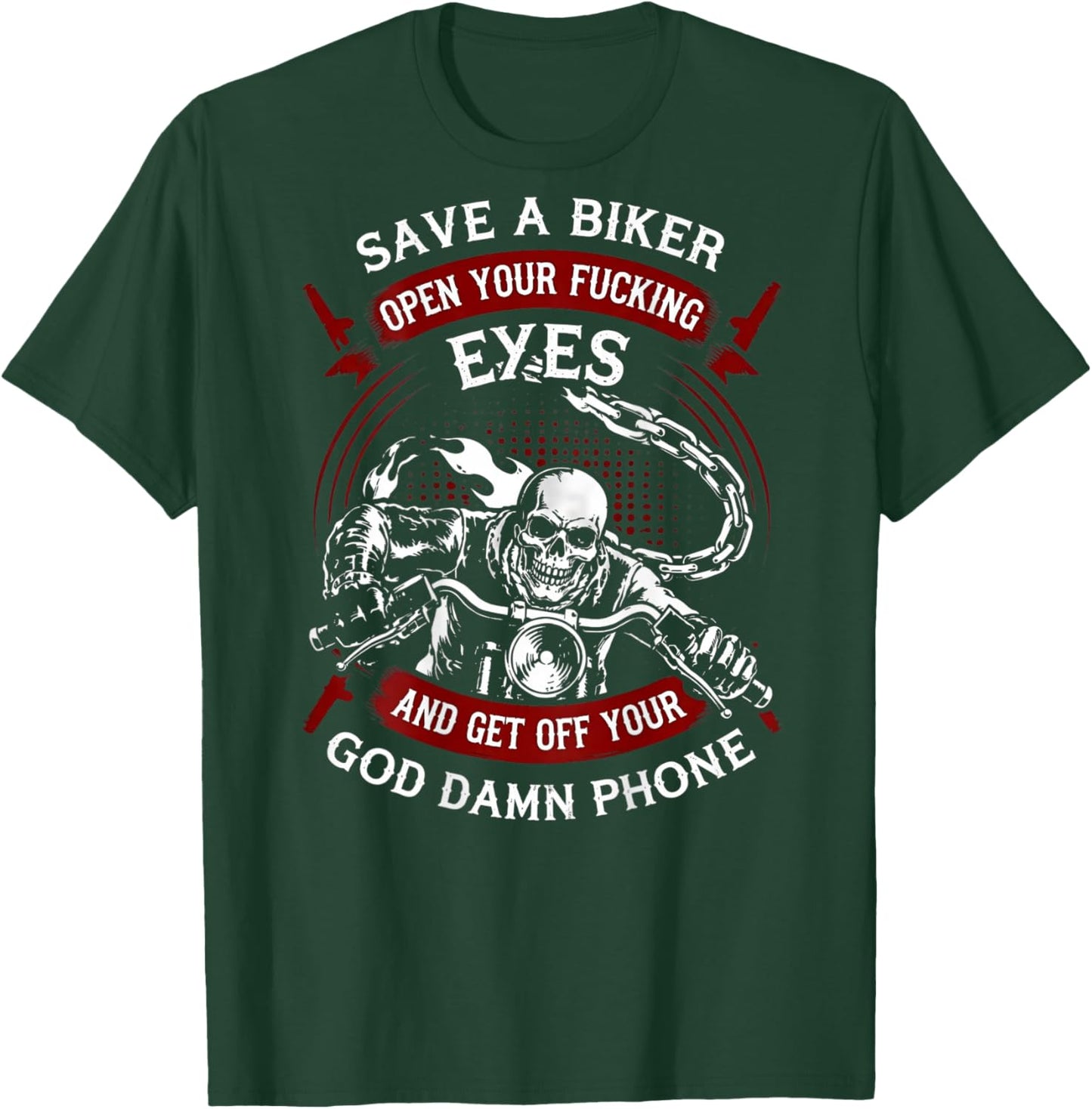 Save A Biker Open Your Eyes Get Off Your Phone Skull (Back) T-Shirt - T-Shirt | Forest