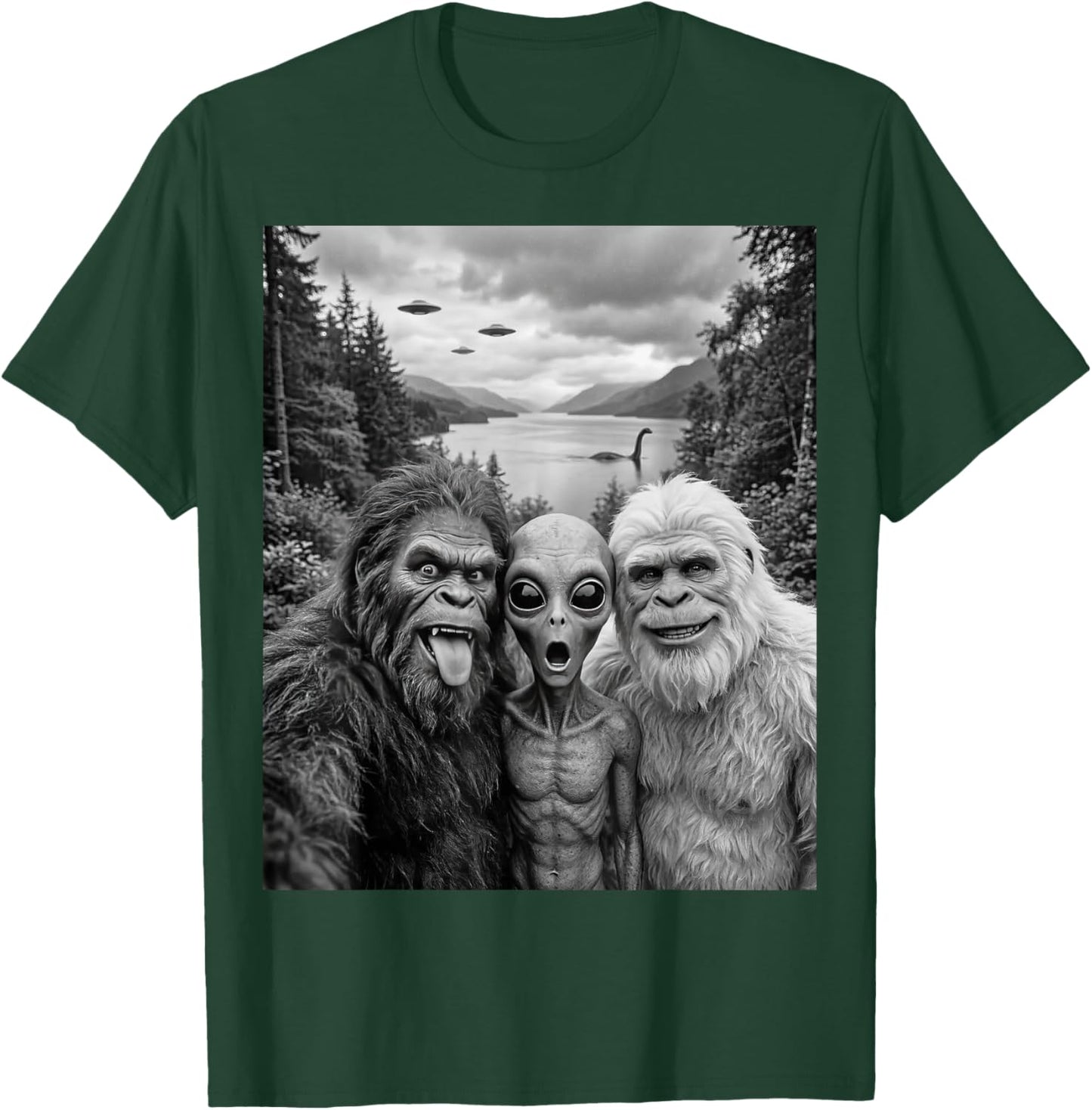 Bigfoot Alien Loch Ness Monster UFO Selfie Funny Cryptid Art T-Shirt - T-Shirt | Forest