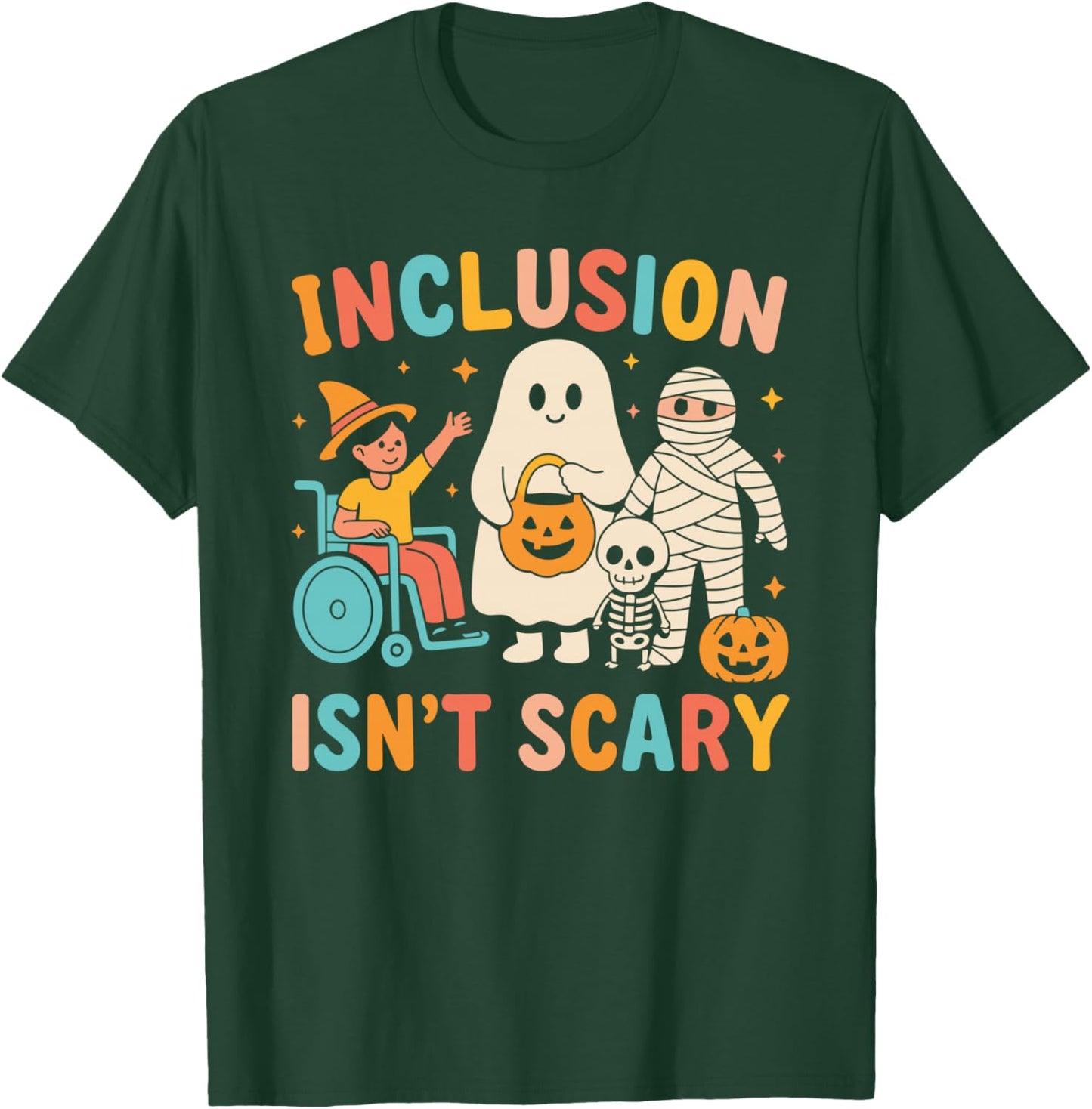 Inclusion Isn't Scary Teacher Skeleton Ghost Cute Halloween T-Shirt - T-Shirt | Forest