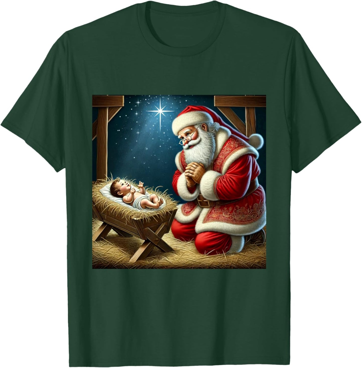 Santa Kneeling Before Baby Jesus Christmas T-Shirt - T-Shirt | Forest