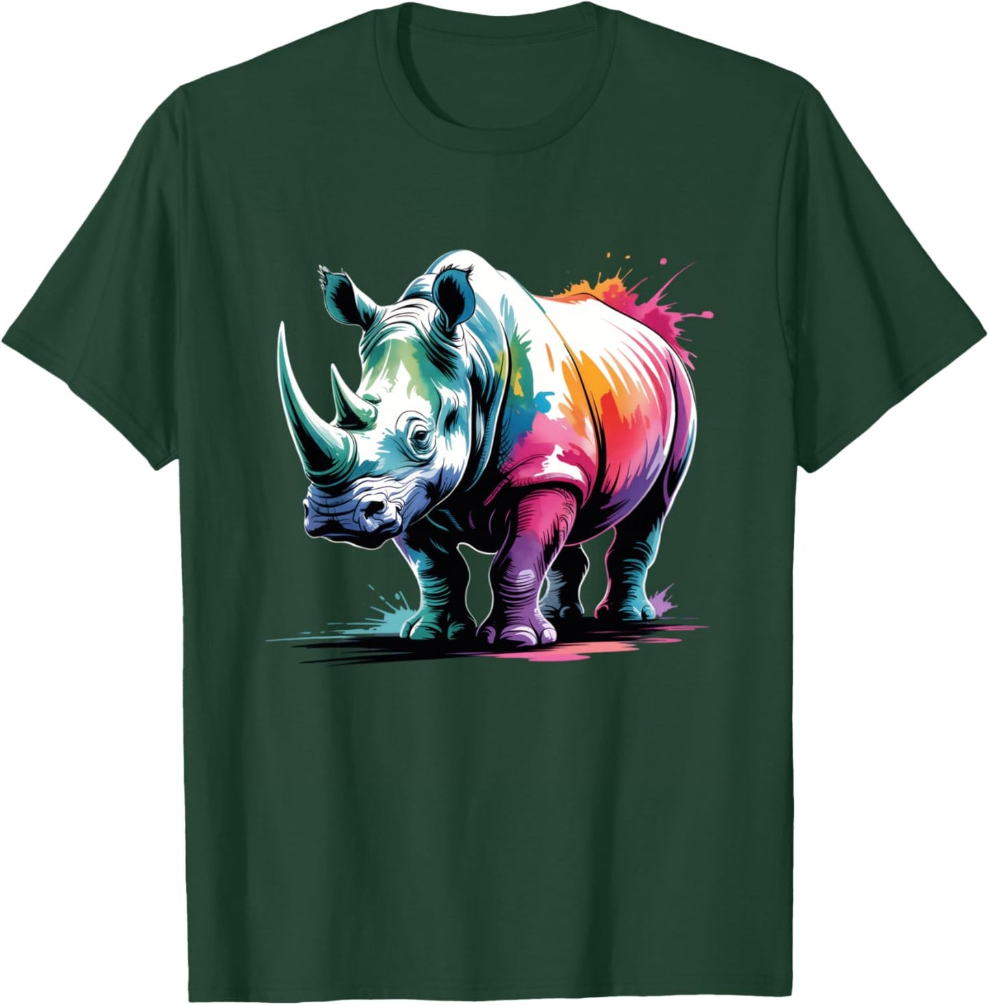 Rhino Poster Style Colorful Paint Splatter Art Graphic T-Shirt - T-Shirt | Forest